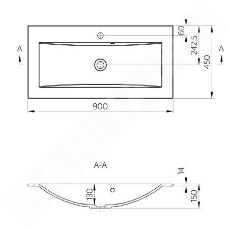 Sapho Yukon - Lavabo à encastrer 900x450 mm, avec trop-plein, trou pour robinetterie, blanc 55900