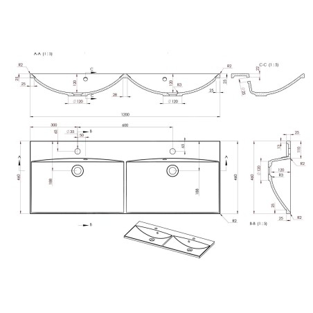 Sapho Maria - Meuble-lavabo double 1200x460 mm, avec 2 trous pour mitigeur, blanc MA120