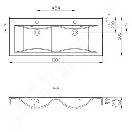 Sapho Lavabos - Double-lavabo 1200x500 mm, avec 2 trop-pleins, avec trous pour robinets, blanc 68121