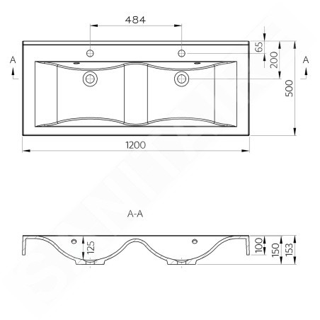 Sapho Lavabos - Double-lavabo 1200x500 mm, avec 2 trop-pleins, avec trous pour robinets, blanc 68121