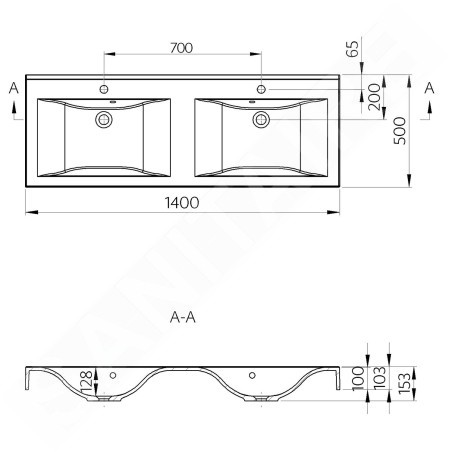 Sapho Nadja - Double-lavabo 1400x500 mm, avec trop-plein, trous pour robinet, blanc 68141