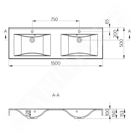 Sapho Nadja - Double-lavabo 1500x500 mm, avec trop-plein, trous pour robinet, blanc 68154