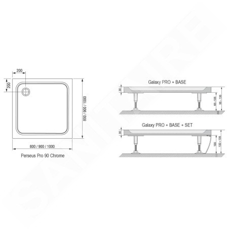 Ravak Galaxy Pro Chrome - Receveur de douche Perseus Pro-90 chrome, 900x900 mm, blanc XA047701010