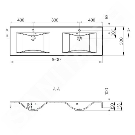 Sapho Nadja - Double-lavabo 1600x500 mm, avec trop-plein, trous pour robinet, blanc 68164