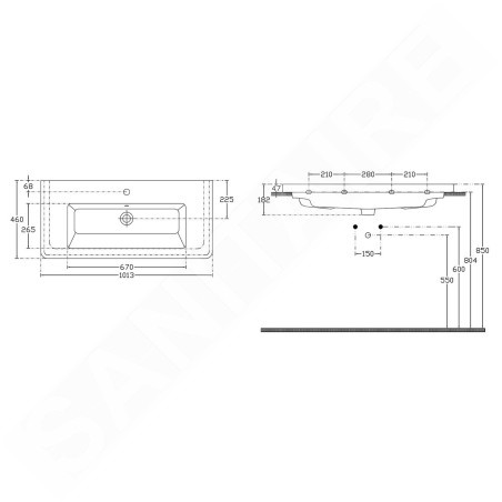 Sapho City - Lavabo 1013x182x460 mm, avec trop-plein, trou pour robinetterie, blanc KE100