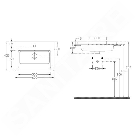 Sapho City - Lavabo 600x180x450 mm, avec trop-plein, trou de robinetterie, blanc KE060