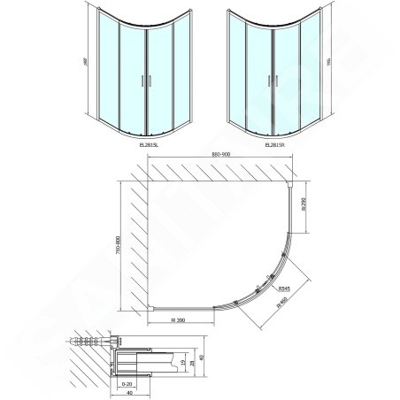 Polysan Easy Line - Cabine de douche quart de cercle, 900 x 800 mm, aluminium poli/verre clair EL2815