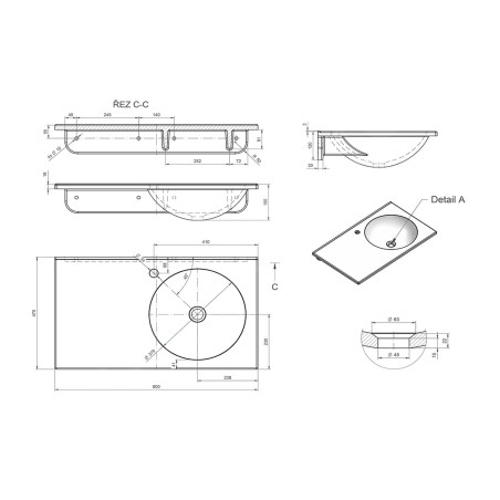 Sapho Juno - Lavabo 800x150x470 mm, sans trop-plein, trou de robinetterie à gauche, blanc JU081