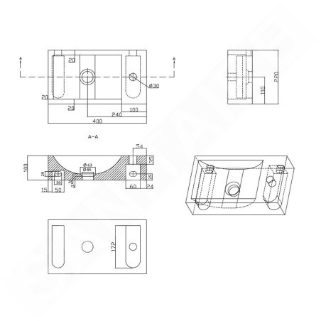 Sapho Blok - Lave-mains 400x220 mm, avec 1 trou à droite, sans trop-plein, anthracite 2401-28