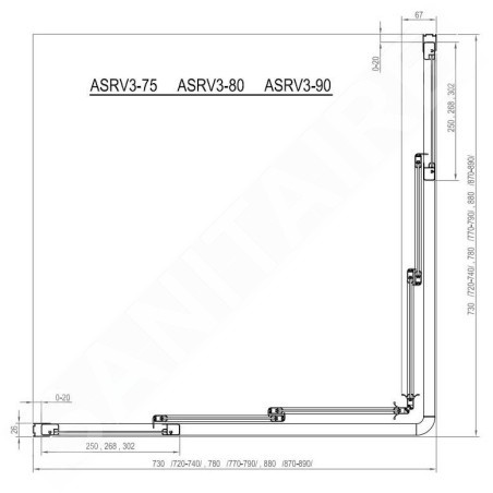 Ravak Supernova - Porte de douche ASRV3-90, 870-890 mm, satiné/verre Grape 15V70UR2ZG