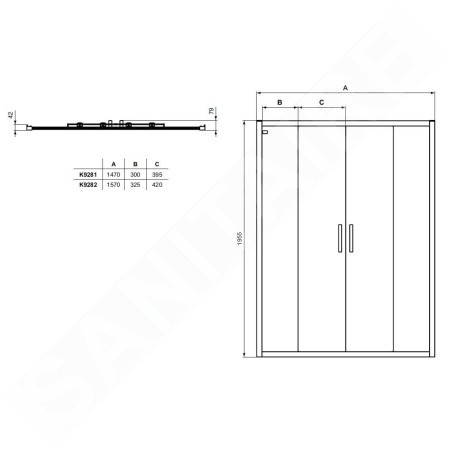 Ideal Standard Connect 2 - Porte de douche coulissante, 4 battants, 1600 mm, noir / verre clair K9282V3