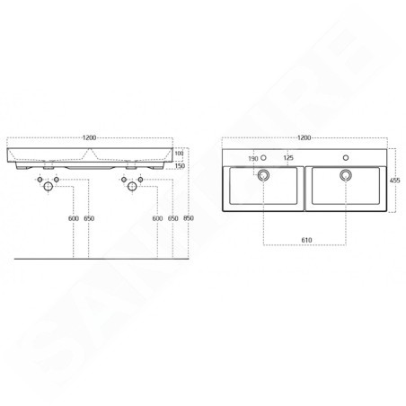 Sapho Kare - Double-lavabo 1200x455 mm, avec trop-plein, 2 trous pour robinet, blanc 17120
