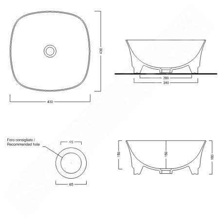 Sapho Idea - Lavabo, 430x430 mm, sans trou pour robinetterie, blanc WH100