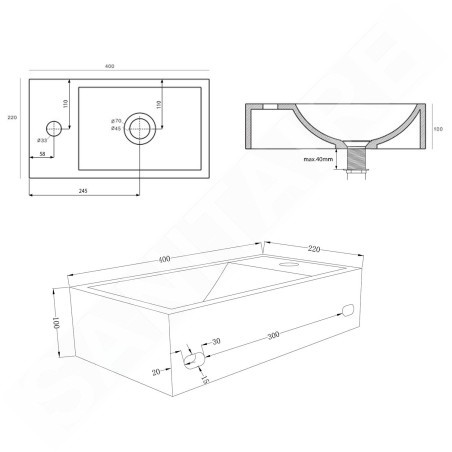 Sapho Small - Lave-mains 400x220 mm, sans trop-plein, un trou de robinetterie à droite, granite noir AR403