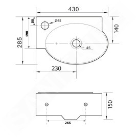 Sapho Small - Lave-main Ribera 430x285 mm, avec trop-plein, trou pour robinet à gauche, blanc AR498