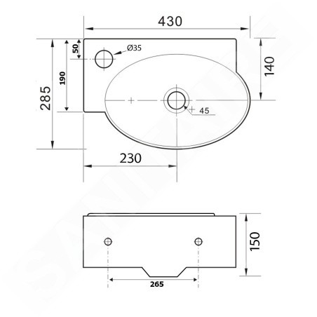 Sapho Small - Lave-main Ribera 430x285 mm, avec trop-plein, trou pour robinet à gauche, blanc AR498