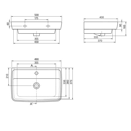 Aqualine Céramique - Lavabo 500x400 mm, avec trop-plein, trou pour robinet, blanc TU0350