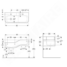 Geberit Bambini - Double-lavabo pour enfants, 90x39 cm, à gauche, sans trop-plein, 2 trous pour robinetterie, blanc alpin