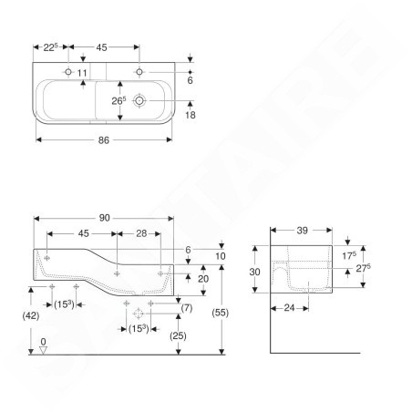 Geberit Bambini - Double-lavabo pour enfants, 90x39 cm, à droite, sans trop-plein, 2 trous pour robinetterie, blanc alpin