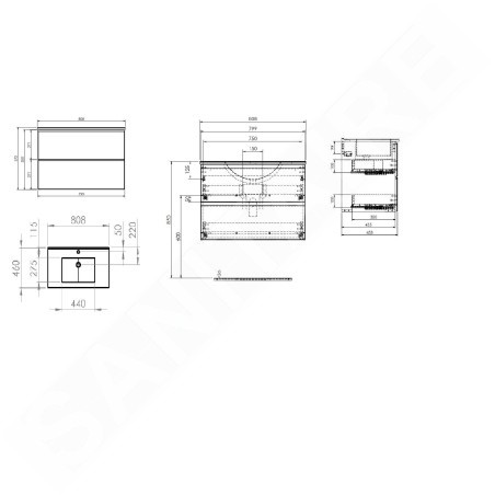 kielle Oudee - Meuble avec lavabo, 80x55x46 cm, 2 tiroirs, noir mat 50002S84