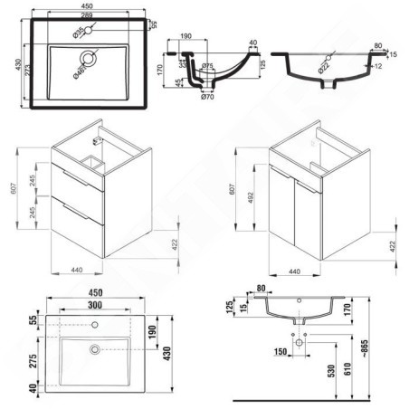 Jika Cube - Meuble avec lavabo, 440x422x607 mm, 2 tiroirs, blanc H4536221763001