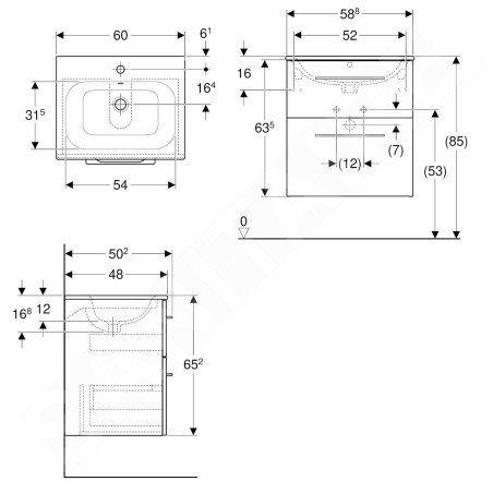 Geberit Selnova Square - Meuble-vasque 635x588x480 mm, avec vasque, 2 tiroirs, blanc brillant 501.236.00.1