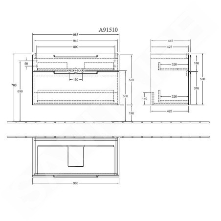 Villeroy & Boch Subway 2.0 - Meuble sous lavabo, 987x590x449 mm, 2 tiroirs, Glossy White A91510DH
