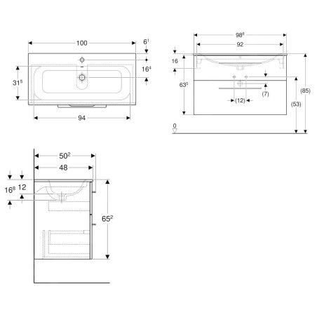 Geberit Selnova Square - Meuble-vasque 635x988x480 mm, avec vasque, 2 tiroirs, noyer clair hickory 501.247.00.1