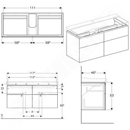 Geberit Xeno 2 - Meuble sous lavabo 1200 mm avec luminaire LED, 4 tiroirs, blanc poli 500.518.01.1