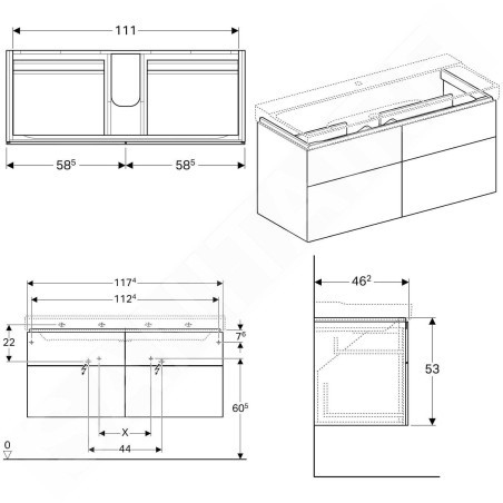 Geberit Xeno 2 - Meuble sous lavabo 1200 mm avec luminaire LED, 4 tiroirs, blanc poli 500.518.01.1