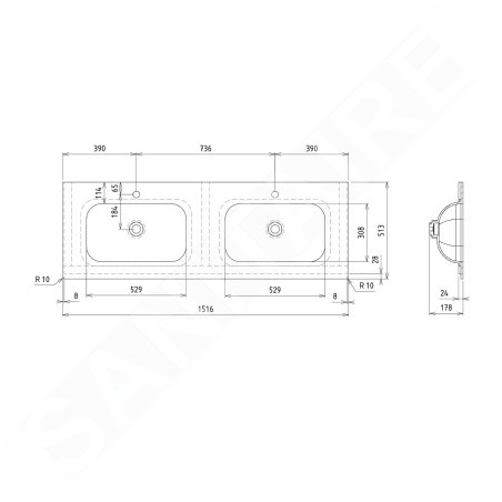 Sapho Treos - Double lavabo de meuble 152x51 cm, sans trop-plein, 2 trous pour robinetterie, blanc TS152-0101