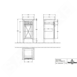 Villeroy & Boch Hommage - Armoire latérale, 440 mm × 850 mm × 425 mm, érable massif, teinte noyer - meuble, charnières à gauche
