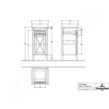 Villeroy & Boch Hommage - Armoire latérale, 440 mm × 850 mm × 425 mm, érable massif, teinte noyer - meuble, charnières à gauche