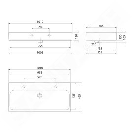 Sapho Toridi - Double lavabo 101 x 47 cm, avec trop-plein, 2 trous pour batterie, noir mat TU0222B