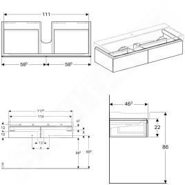 Geberit Xeno 2 - Meuble sous lavabo 1200 mm, avec luminaire LED, 2 tiroirs, gris 500.517.43.1