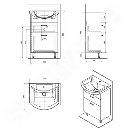 Aqualine Zoja - Meuble lavabo 508x740x299 mm, 2x tiroir, blanc 51051A