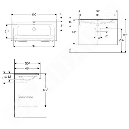 Geberit Selnova Square - Meuble-vasque 635x988x480 mm, avec vasque, 2 tiroirs, blanc brillant 501.260.00.1