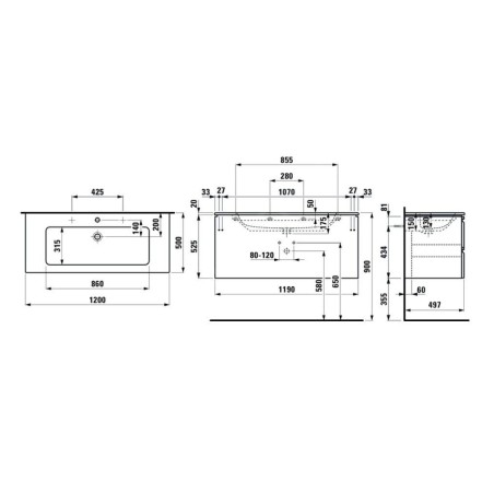 Laufen Pro S - Meuble avec lavabo, 1200x545x500 mm, 2 tiroirs, blanc mat H8619674631041