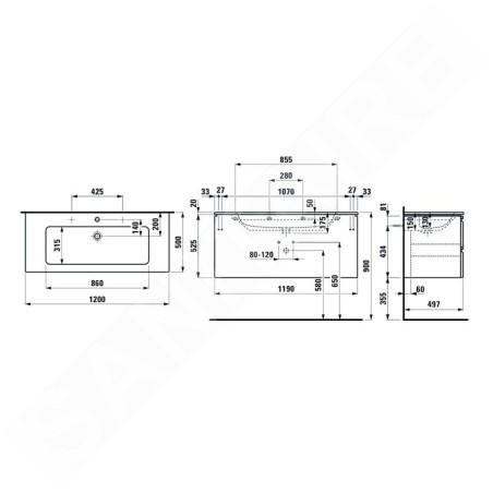 Laufen Pro S - Meuble avec lavabo, 1200x545x500 mm, 2 tiroirs, wengé H8619674231041