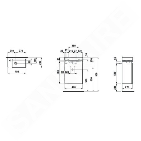 Laufen Pro S - Meuble avec lavabo, siphon et étagère latérale à gauche, 480x280x690 mm, blanc brillant H8629644751041