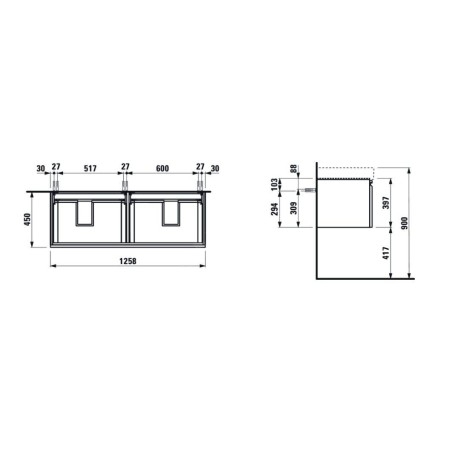 Laufen Pro S - Meuble pour lavabo 1260x450x390 mm, 2 tiroirs, blanc brillant H4835710964751