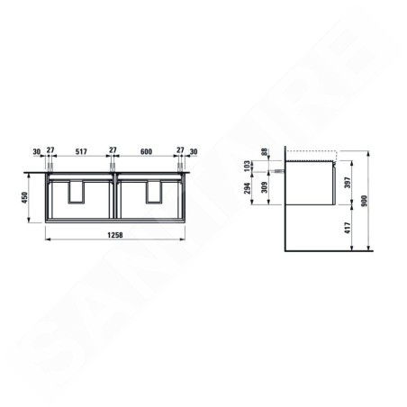 Laufen Pro S - Meuble pour lavabo, 1260x450x390 mm, 2 tiroirs, chêne brillant H4835720964791
