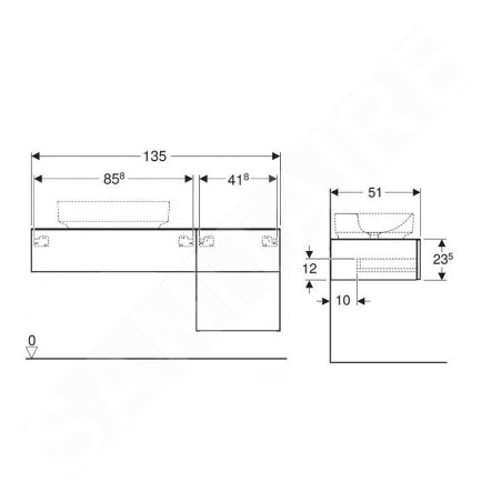 Geberit VariForm - Meuble vasque, 1350x510x550 mm, 3 tiroirs, siphon anti-odeurs, noyer 501.192.00.1