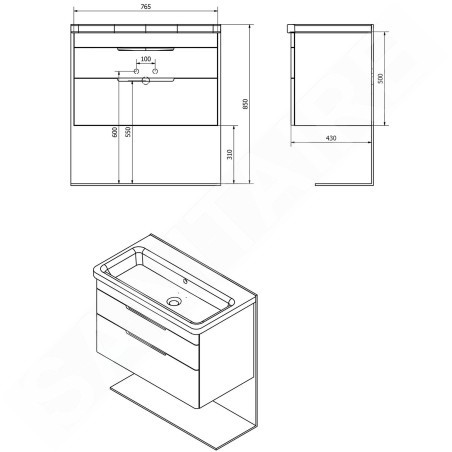 Sapho Ella - Meuble-vasque 765x500x430 cm, 2 tiroirs, blanc EL080-3030