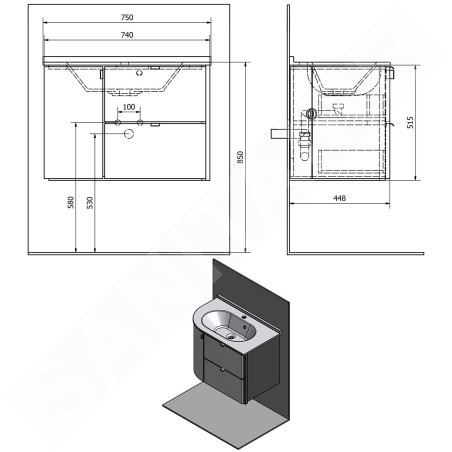 Sapho Pulse - Meuble lavabo d´angle, 750x520x450 mm, version gauche, blanc/anthracite PU076-3034