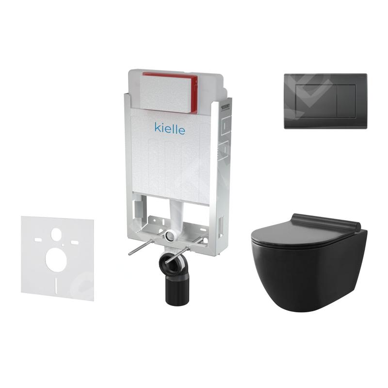kielle Genesis - Set de bâti-support, cuvette Gaia, abattant softclose et plaque de déclenchement Gemini III, noir mat 30505SZ12