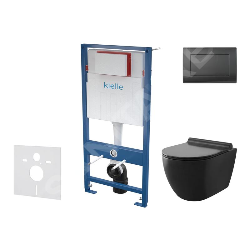 kielle Genesis - Set de bâti-support, cuvette Gaia, abattant softclose et plaque de déclenchement Gemini III, noir mat 30505SS12
