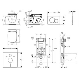 Geberit Kombifix - Set de bâti-support, WC suspendu Rimless+ abattant SoftClose Ideal Standard Tesi, plaque de déclenchement