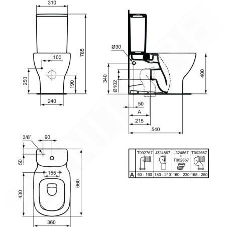 Ideal Standard Tesi - cuvette de WC combi, évacuation basse/arrière, Aquablade, blanc T008201