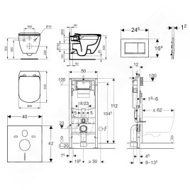 Geberit Duofix - Set de bâti-support, WC suspendu Rimless + abattant SoftClose Ideal Standard Tesi, plaque de déclenchement